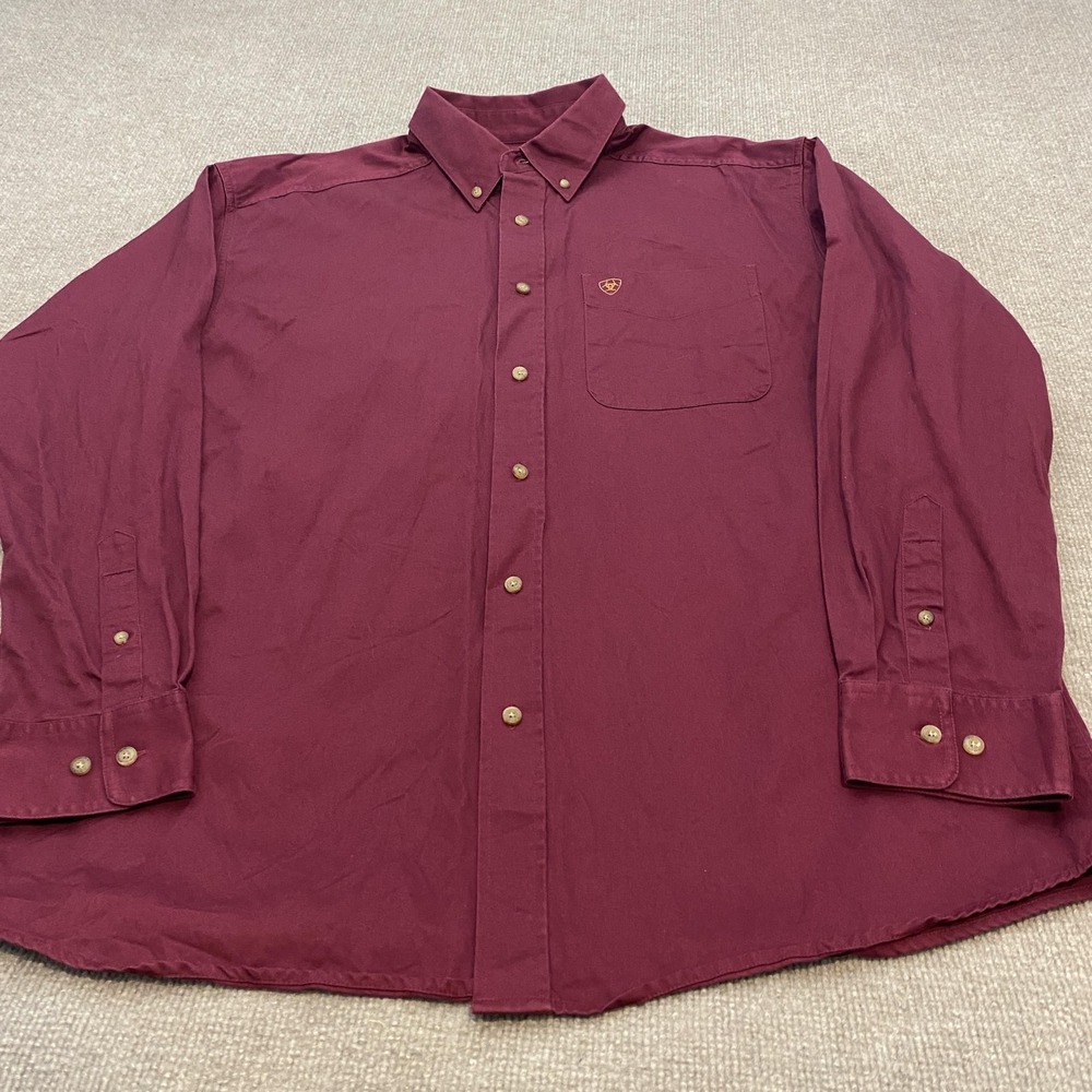 Ariat Shirt Mens XL Red Twill Long Sleeve Button Down Cotton Casual Logo Cowboy